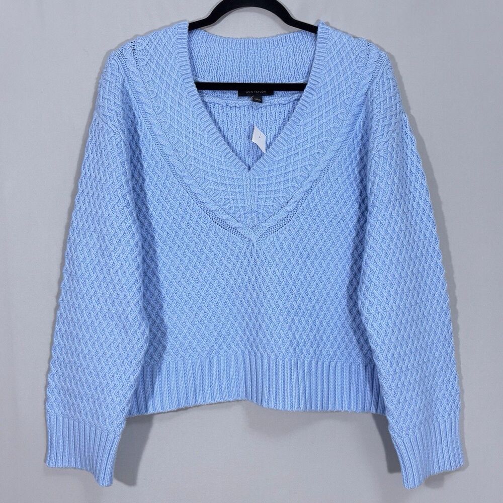 Ann Taylor Textured Deep V-Neck Sweater Size Large Blue Cotton Blend NWT